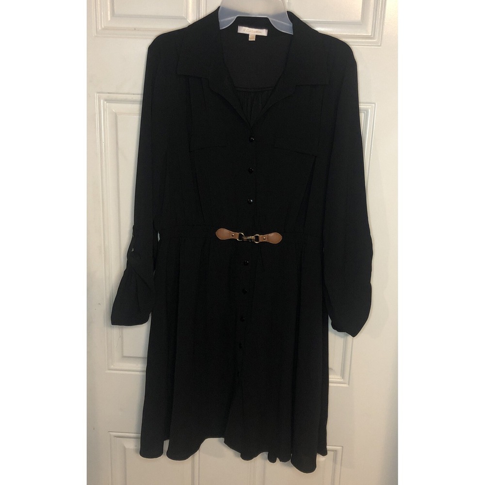 G COLLECTION 3/4 Sleeve Black Button Up Lined Dress Belted Waist Women's PXL NWT